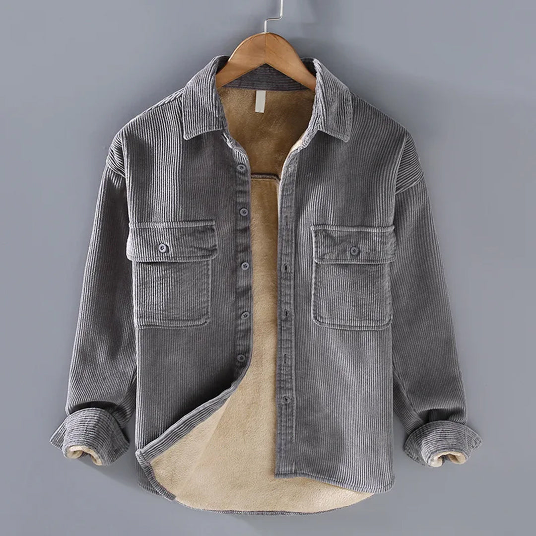 Men's corduroy shirt jacket with button front, chest pockets and contrasting lining