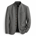 Men's plain stand-collar jacket with long sleeves, button front and chest pocket