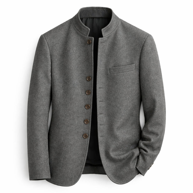 Men's plain stand-collar jacket with long sleeves, button front and chest pocket