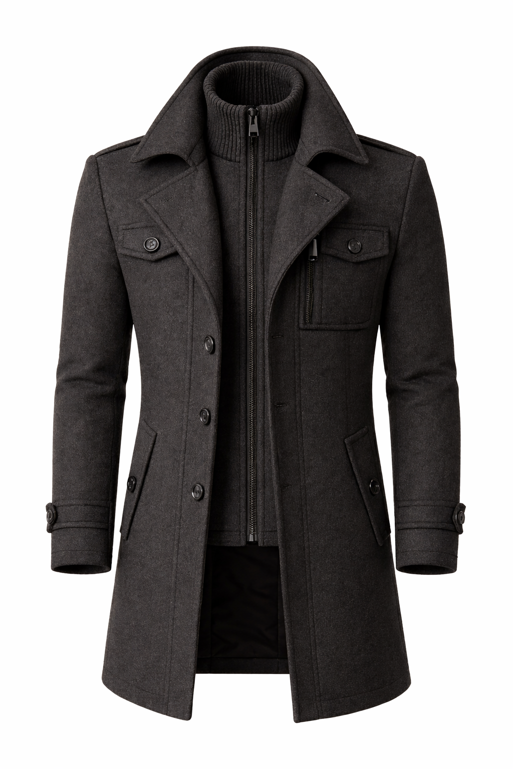 Men's textured long overcoat with high collar, lapels, button pockets and zip fastening
