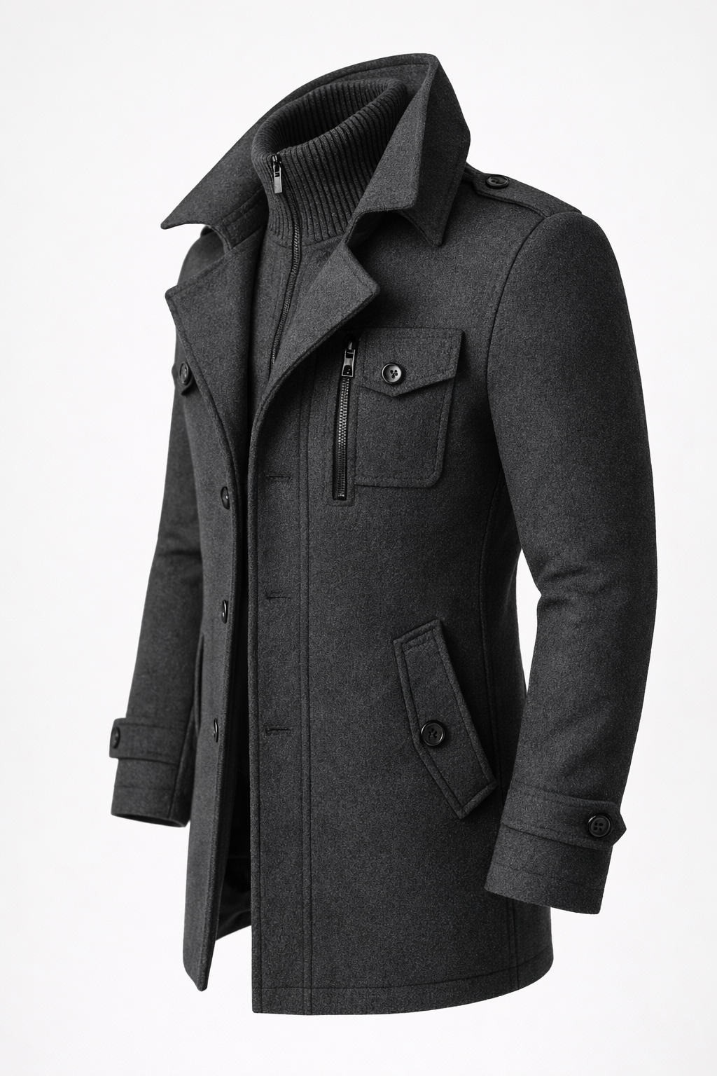 Men's textured long overcoat with high collar, lapels, button pockets and zip fastening