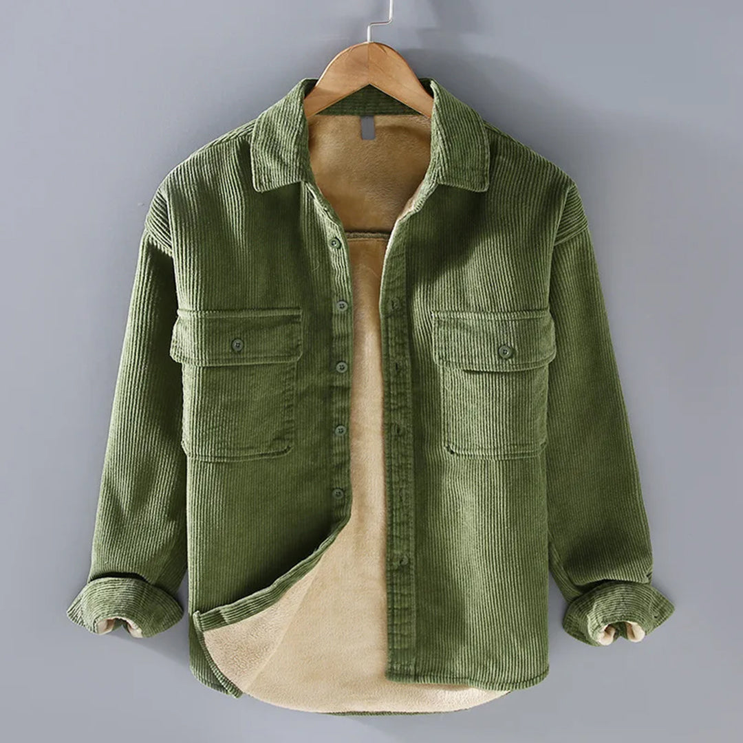 Men's corduroy shirt jacket with button front, chest pockets and contrasting lining