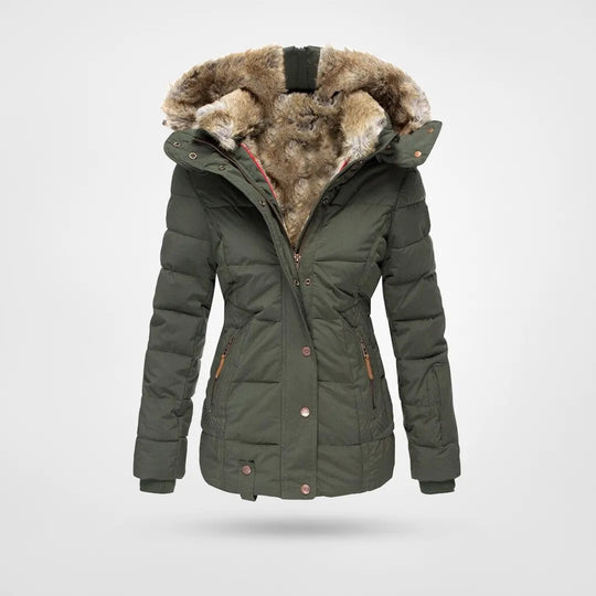 Women's quilted winter jacket with faux fur trimmed hood and zip pockets