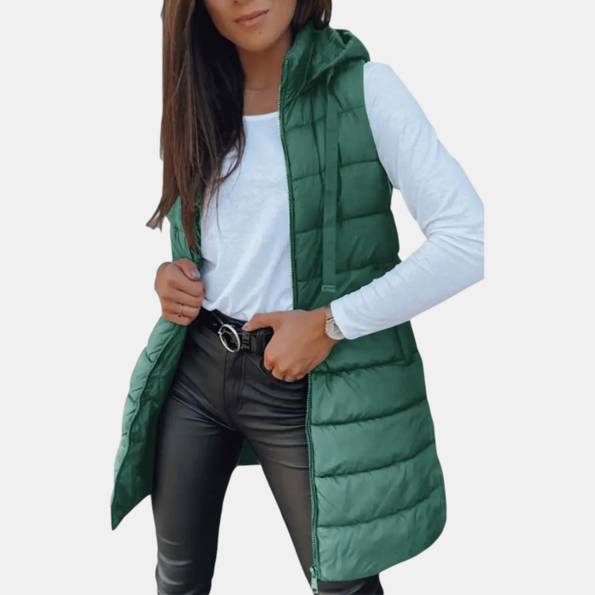 Women's longline hooded puffer gilet with horizontal quilting and zip front