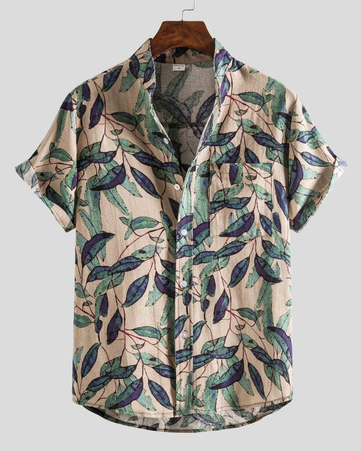 Men's short-sleeve patterned shirt with Mandarin collar, button front and chest pocket