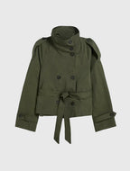 Women's belted double-breasted jacket with high collar and long sleeves