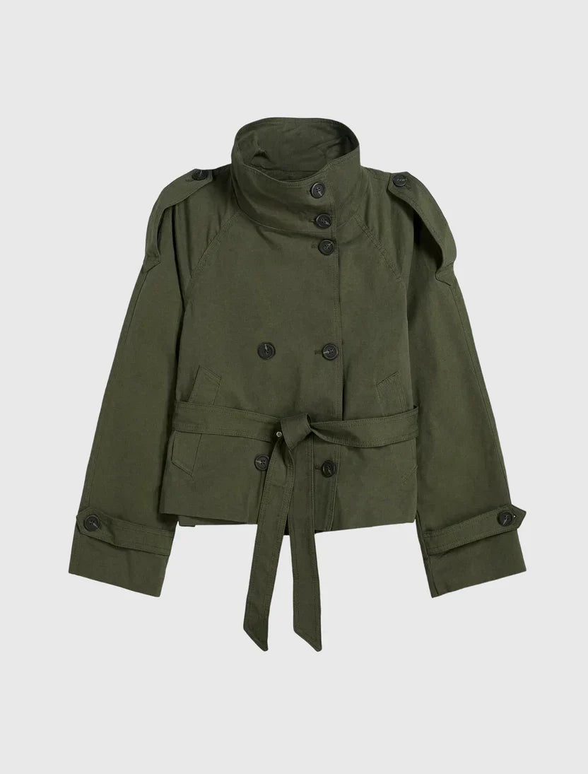 Women's belted double-breasted jacket with high collar and long sleeves