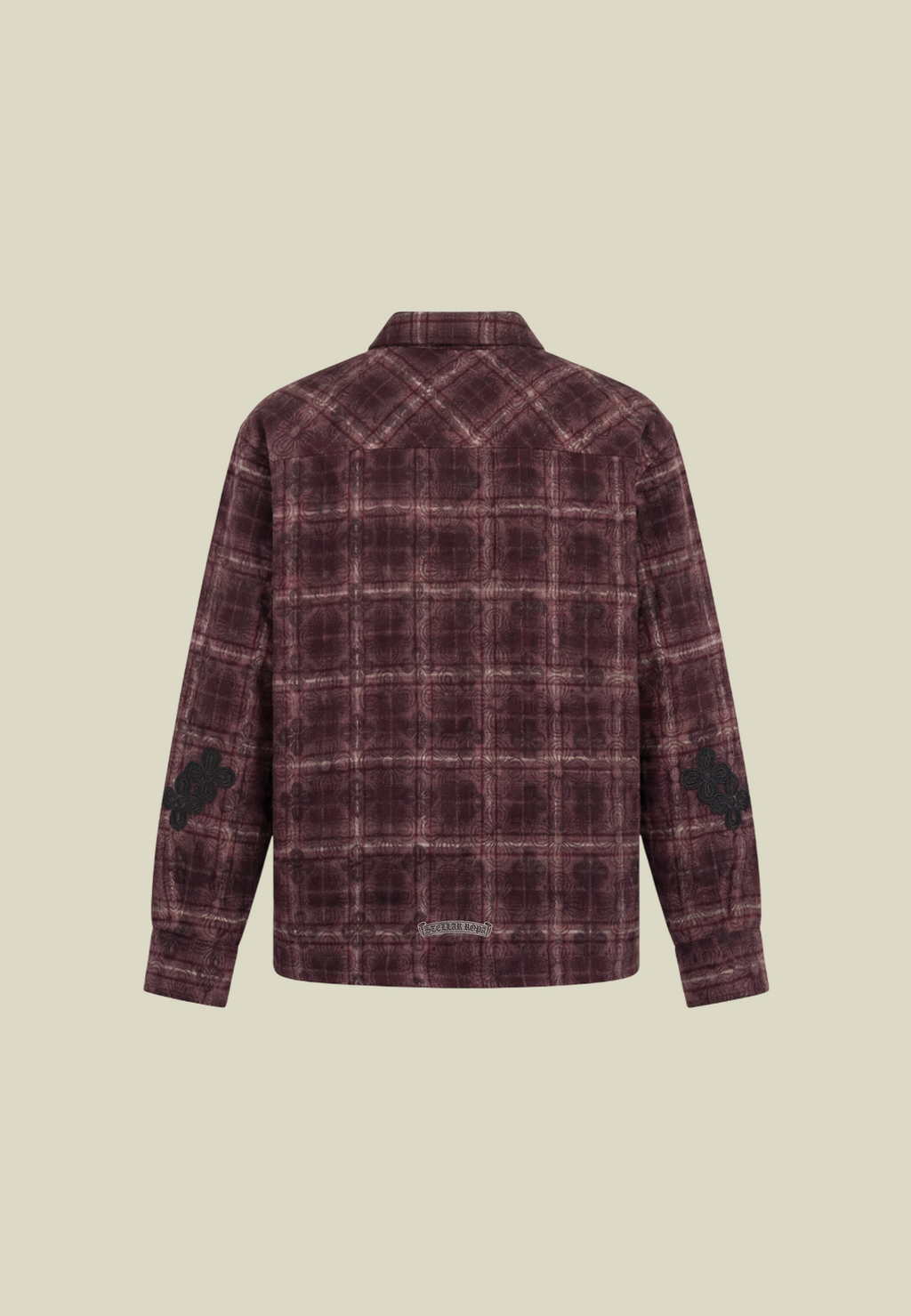 Men's red checked long-sleeved overshirt with button front and decorative detailing