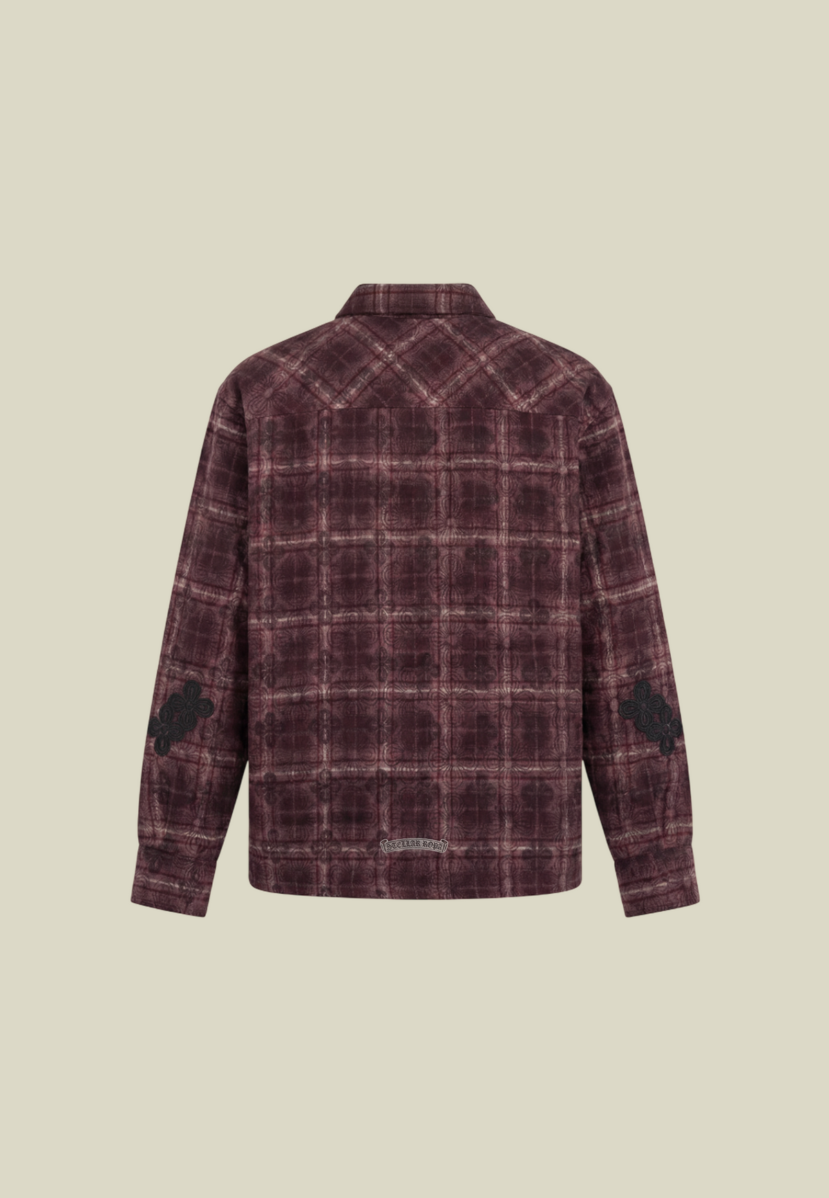 Men's red checked long-sleeved overshirt with button front and decorative detailing