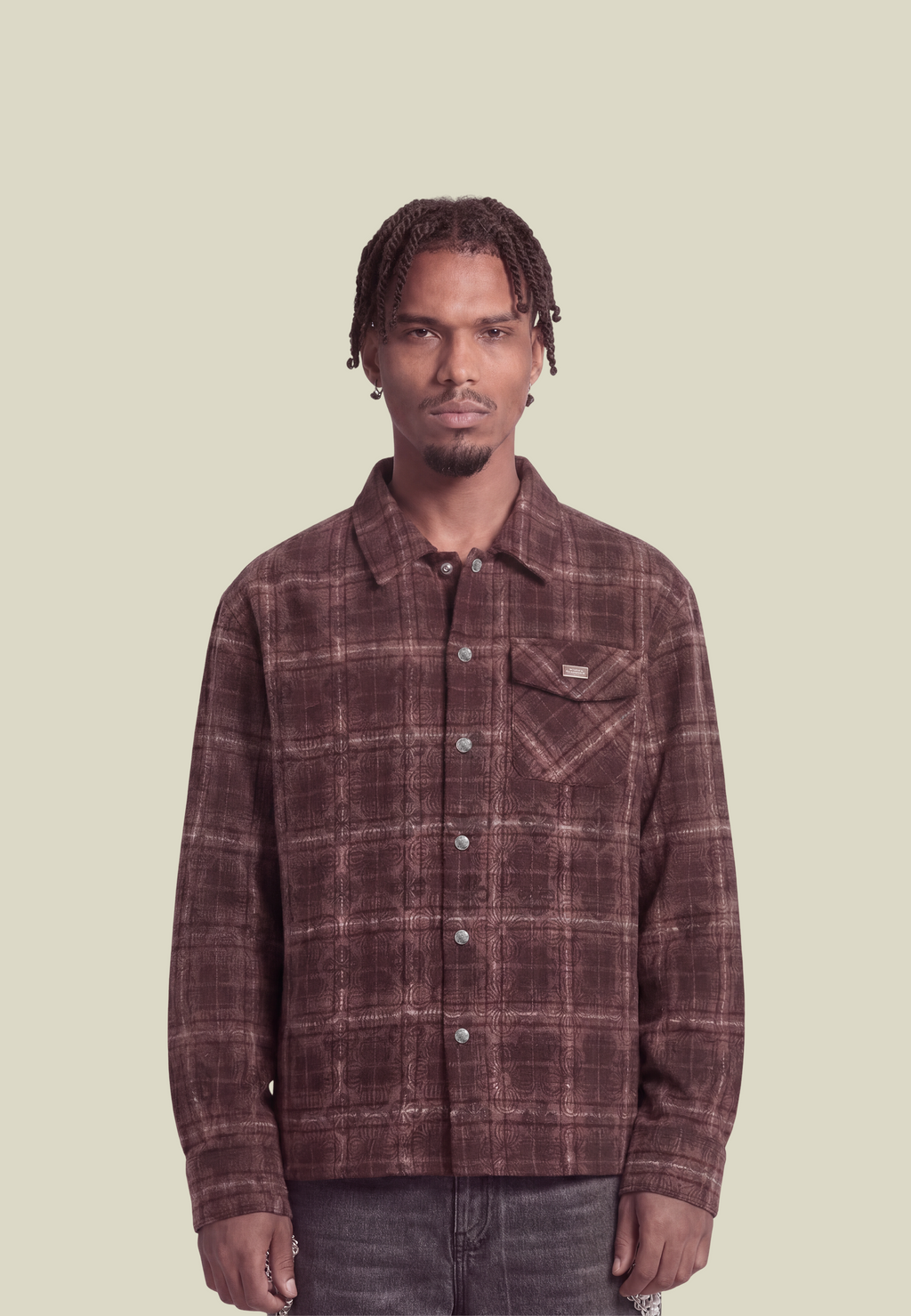 Men's red checked long-sleeved overshirt with button front and decorative detailing