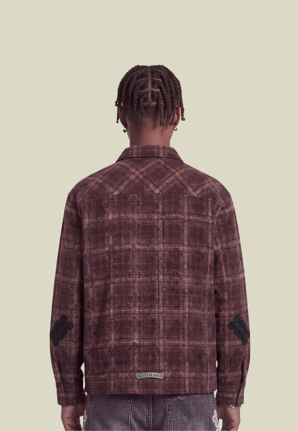 Men's red checked long-sleeved overshirt with button front and decorative detailing