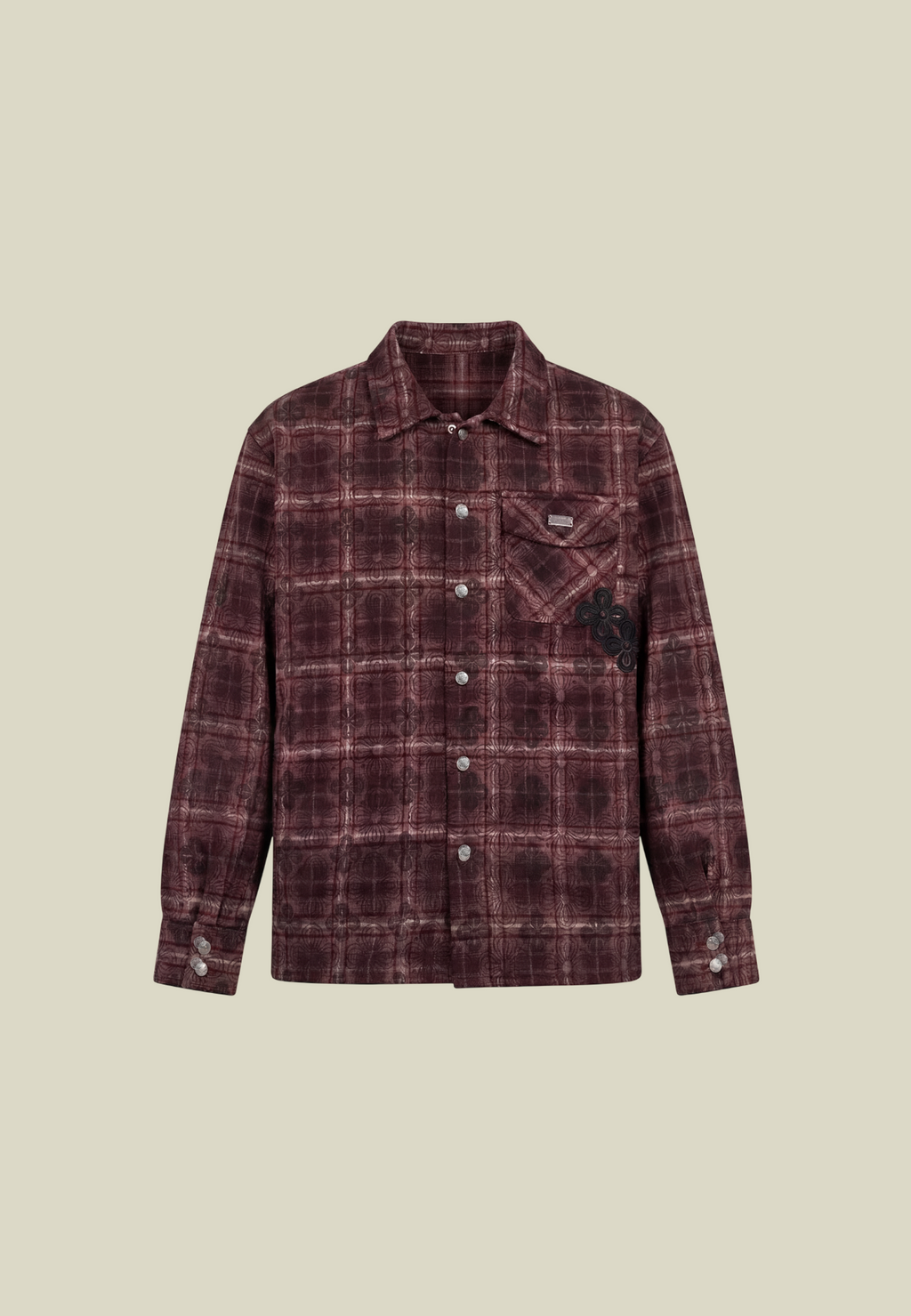 Men's red checked long-sleeved overshirt with button front and decorative detailing