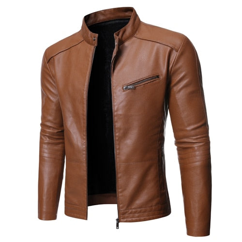 Men's plain faux leather jacket with stand collar and chest zip pocket