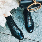Women's tall lace-up boots with almond toes and contrasting toe caps