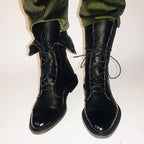 Women's tall lace-up boots with almond toes and contrasting toe caps