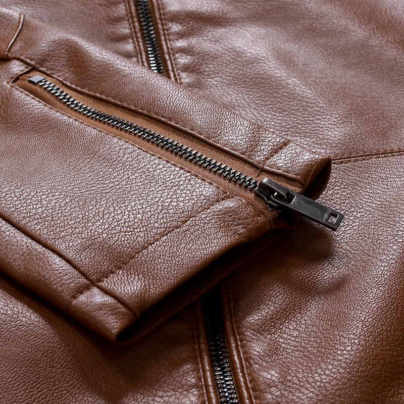 Men's plain faux leather jacket with stand collar and chest zip pocket