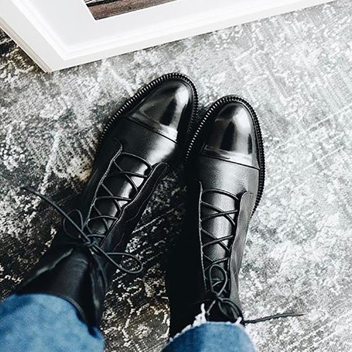 Women's tall lace-up boots with almond toes and contrasting toe caps