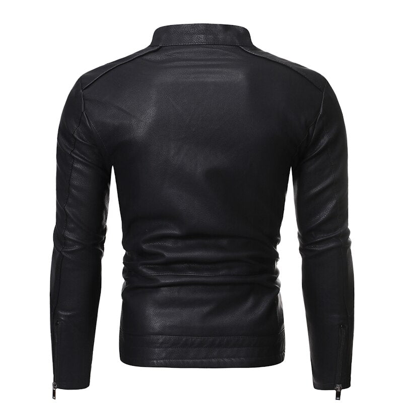Men's plain faux leather jacket with stand collar and chest zip pocket