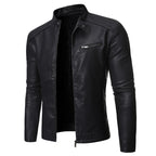 Men's plain faux leather jacket with stand collar and chest zip pocket