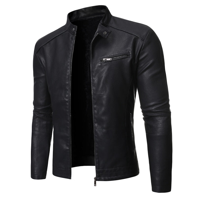 Men's plain faux leather jacket with stand collar and chest zip pocket