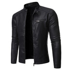 Men's plain faux leather jacket with stand collar and chest zip pocket