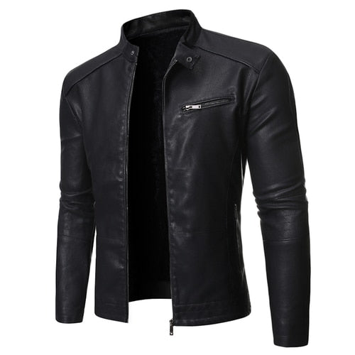 Men's plain faux leather jacket with stand collar and chest zip pocket