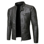 Men's plain faux leather jacket with stand collar and chest zip pocket