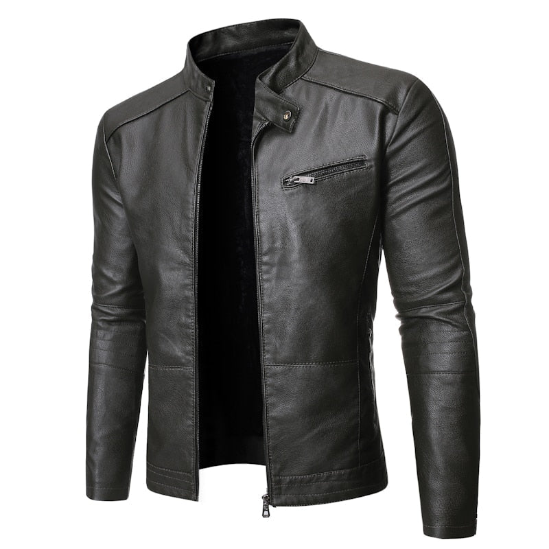 Men's plain faux leather jacket with stand collar and chest zip pocket
