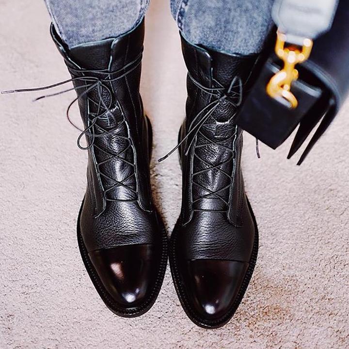 Women's knee-high lace-up boots with almond toes and low heels