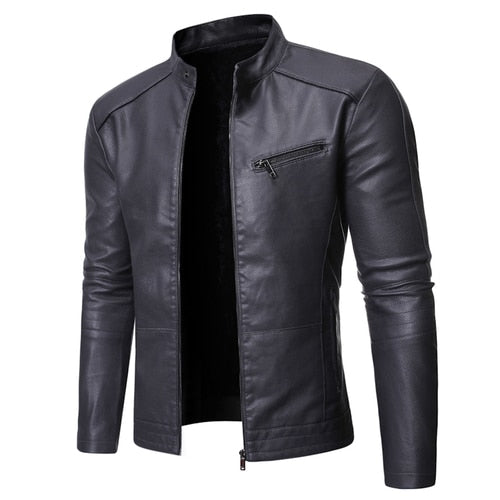 Men's plain faux leather jacket with stand collar and chest zip pocket