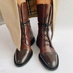 Women's knee-high lace-up boots with almond toes and low heels