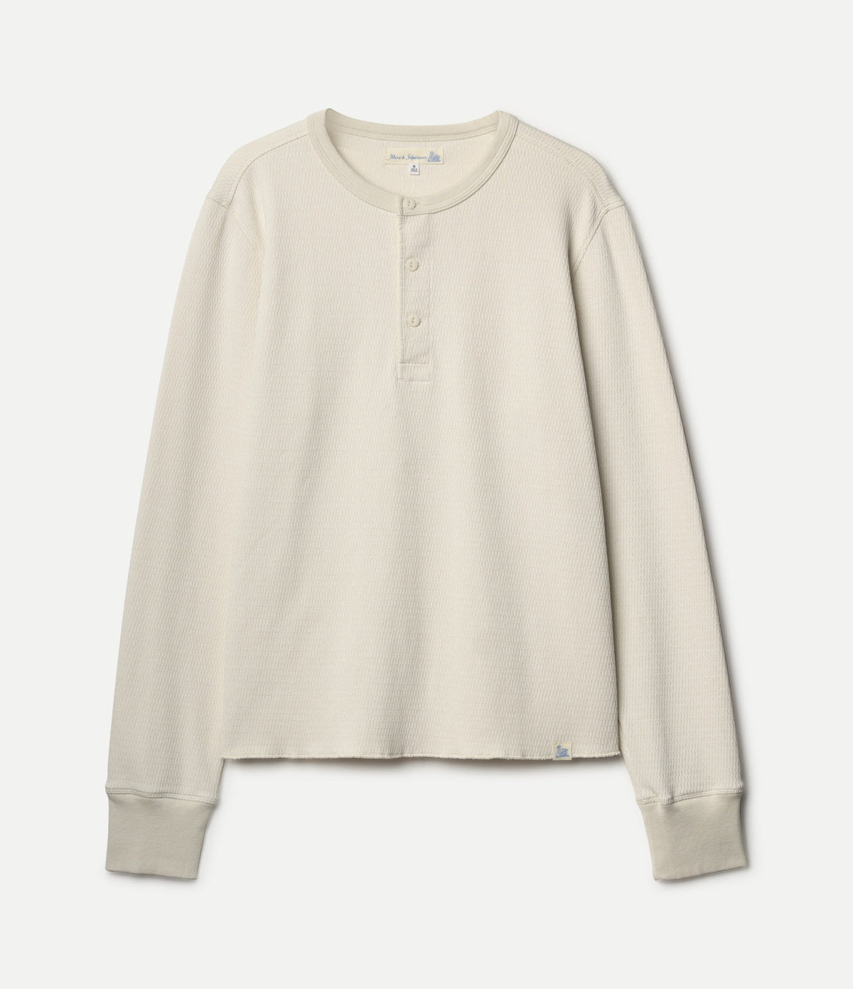 Men's cream long sleeve Henley shirt with round neckline and button placket