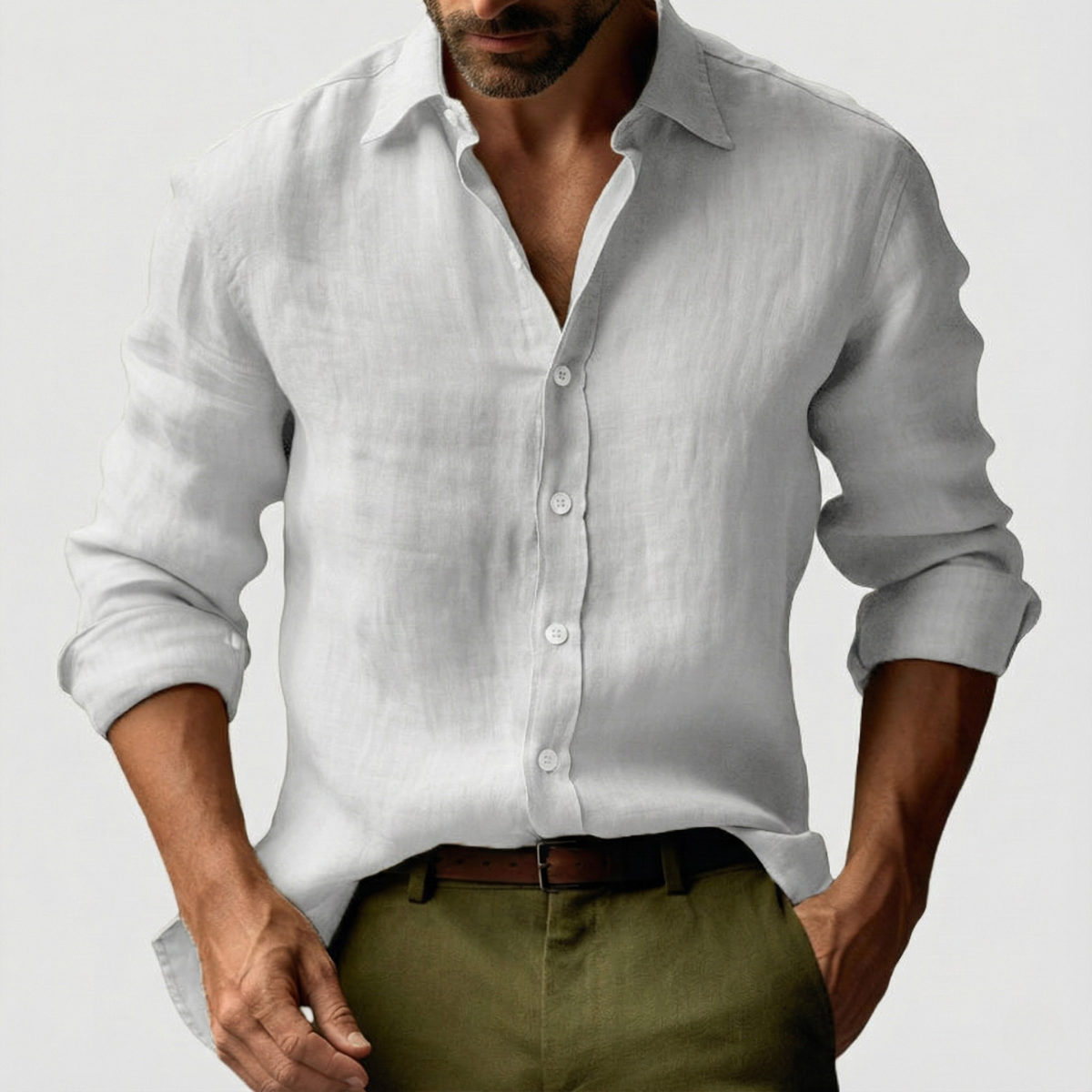 Men's vintage button-front shirt with open collar and rolled long sleeves