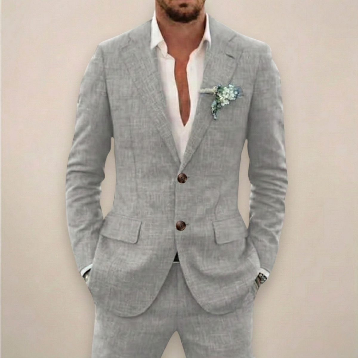 Men's two-piece textured suit with single-breasted jacket and matching trousers