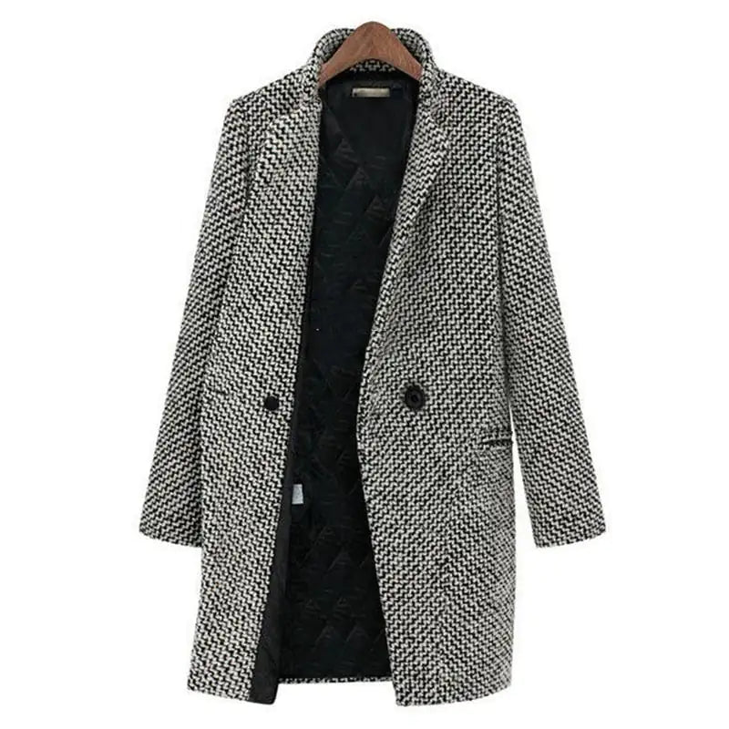 Women's long black and white herringbone coat with notched collar and button fastening