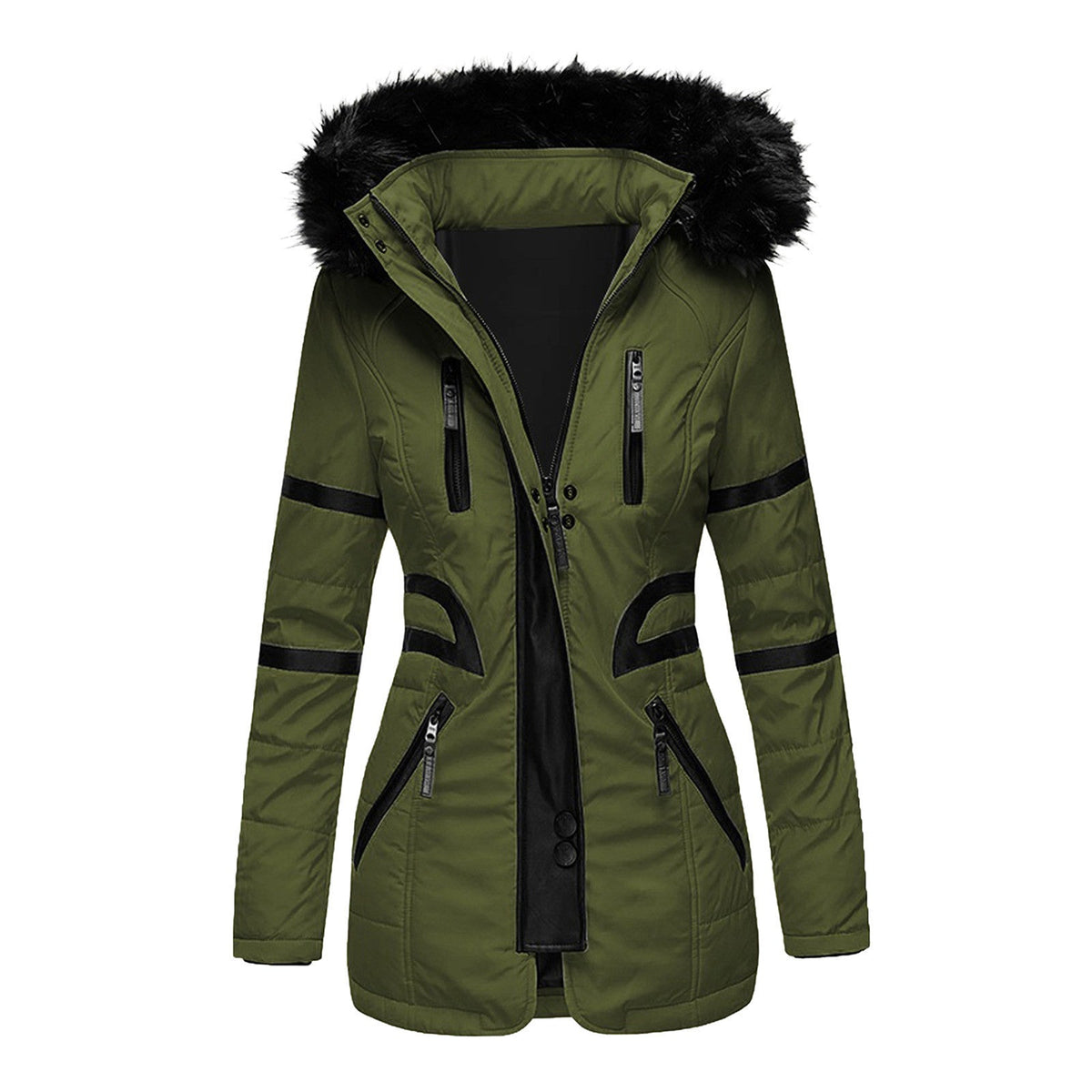 Women's hooded padded winter jacket with fur-trim hood and multiple zipped pockets