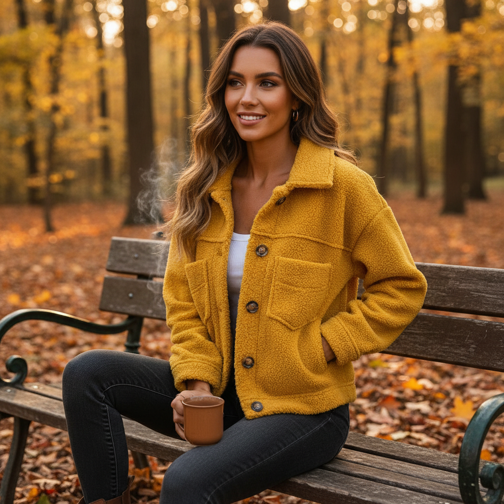 Women's textured sherpa jacket with collar, button front and chest pockets