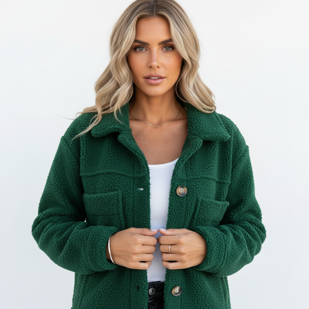 Women's textured sherpa jacket with collar, button front and chest pockets