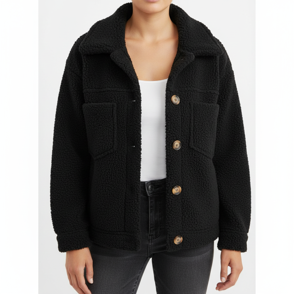 Women's textured sherpa jacket with collar, button front and chest pockets