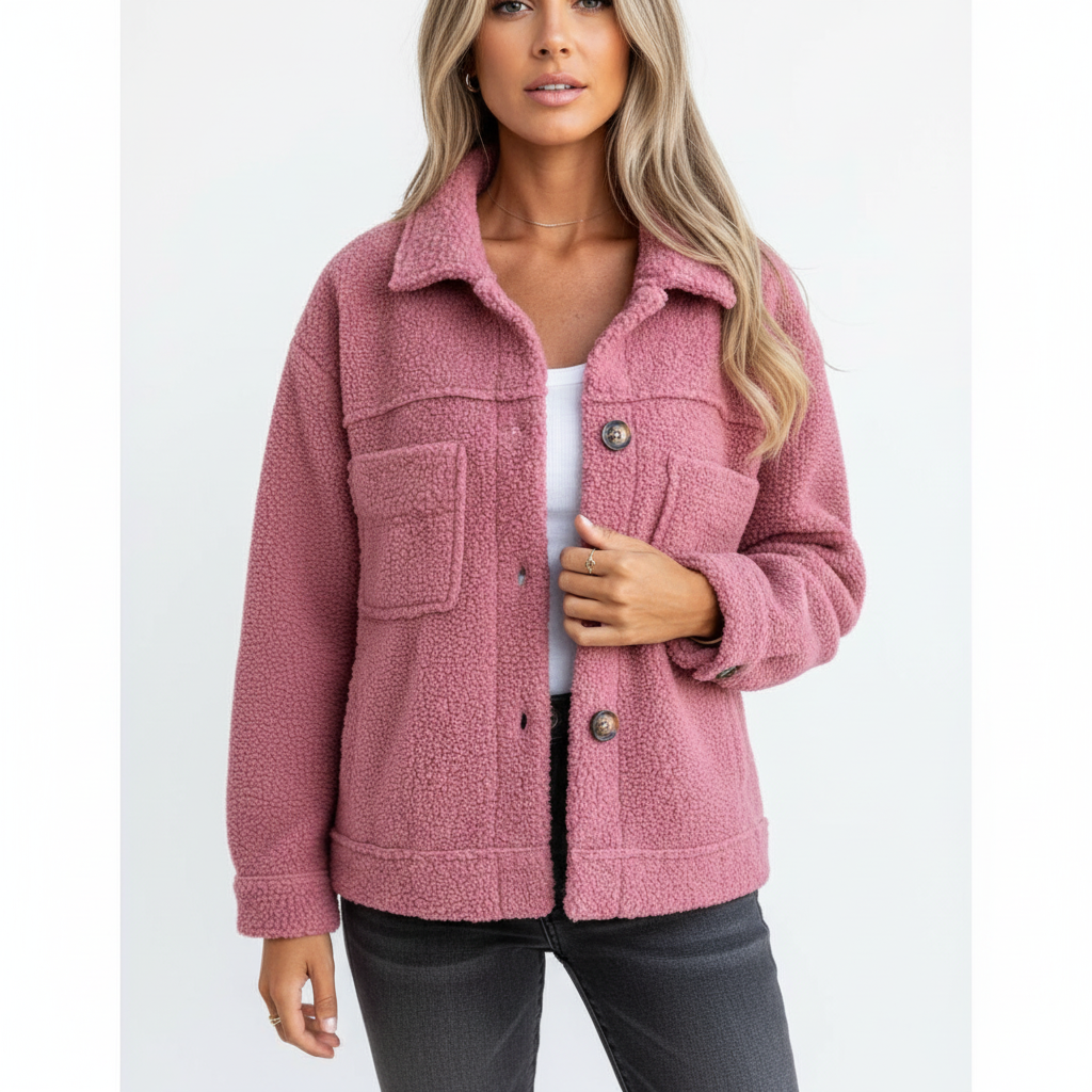 Women's textured sherpa jacket with collar, button front and chest pockets