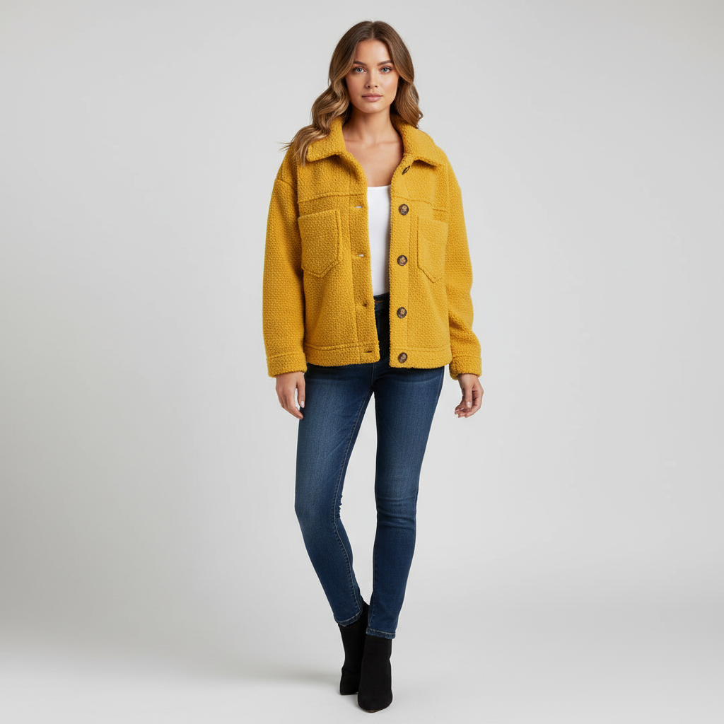 Women's textured sherpa jacket with collar, button front and chest pockets