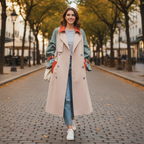 Women's beige colourblock trench coat with blue-grey sleeves and orange contrast panels