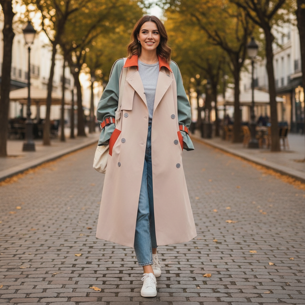 Women's beige colourblock trench coat with blue-grey sleeves and orange contrast panels