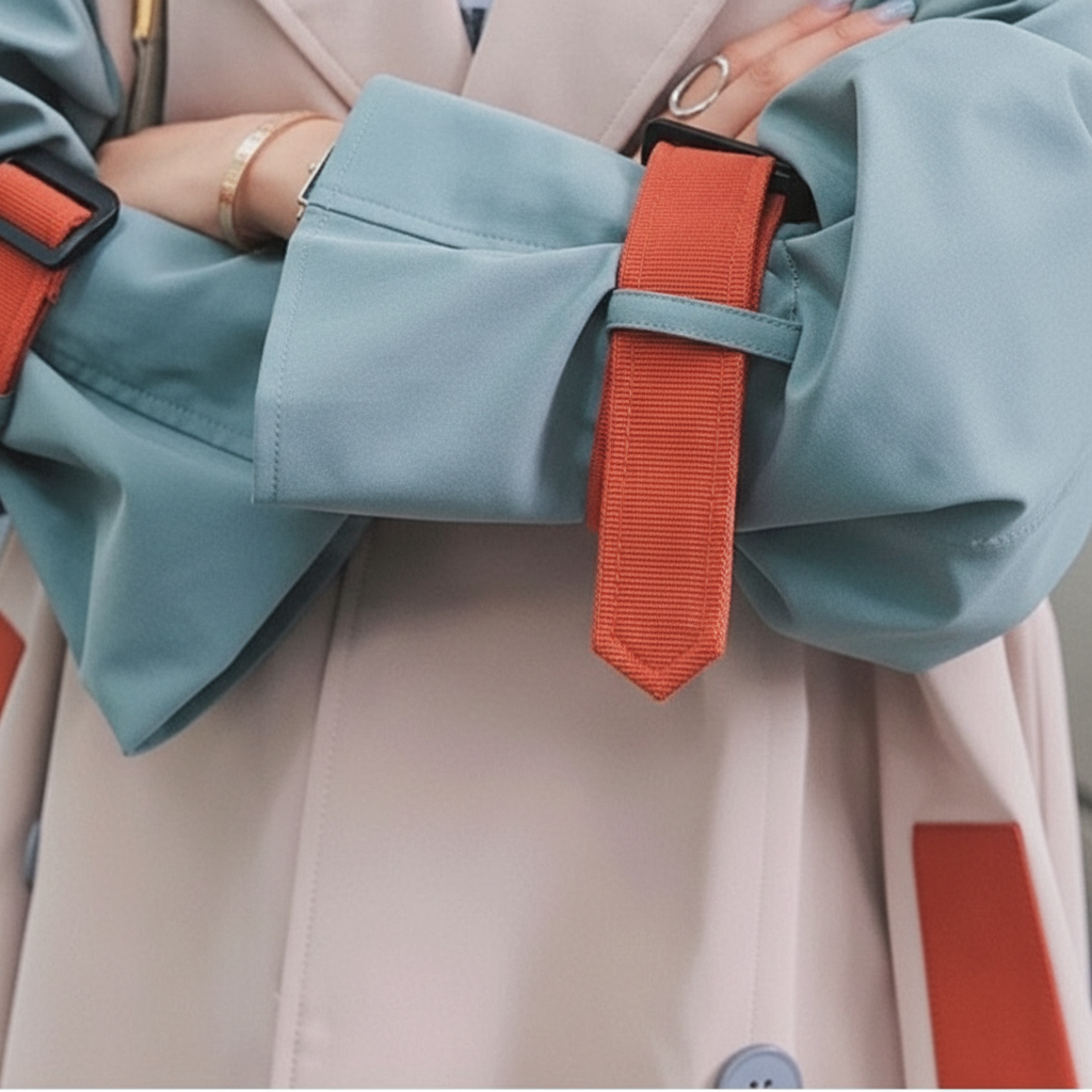 Women's beige colourblock trench coat with blue-grey sleeves and orange contrast panels