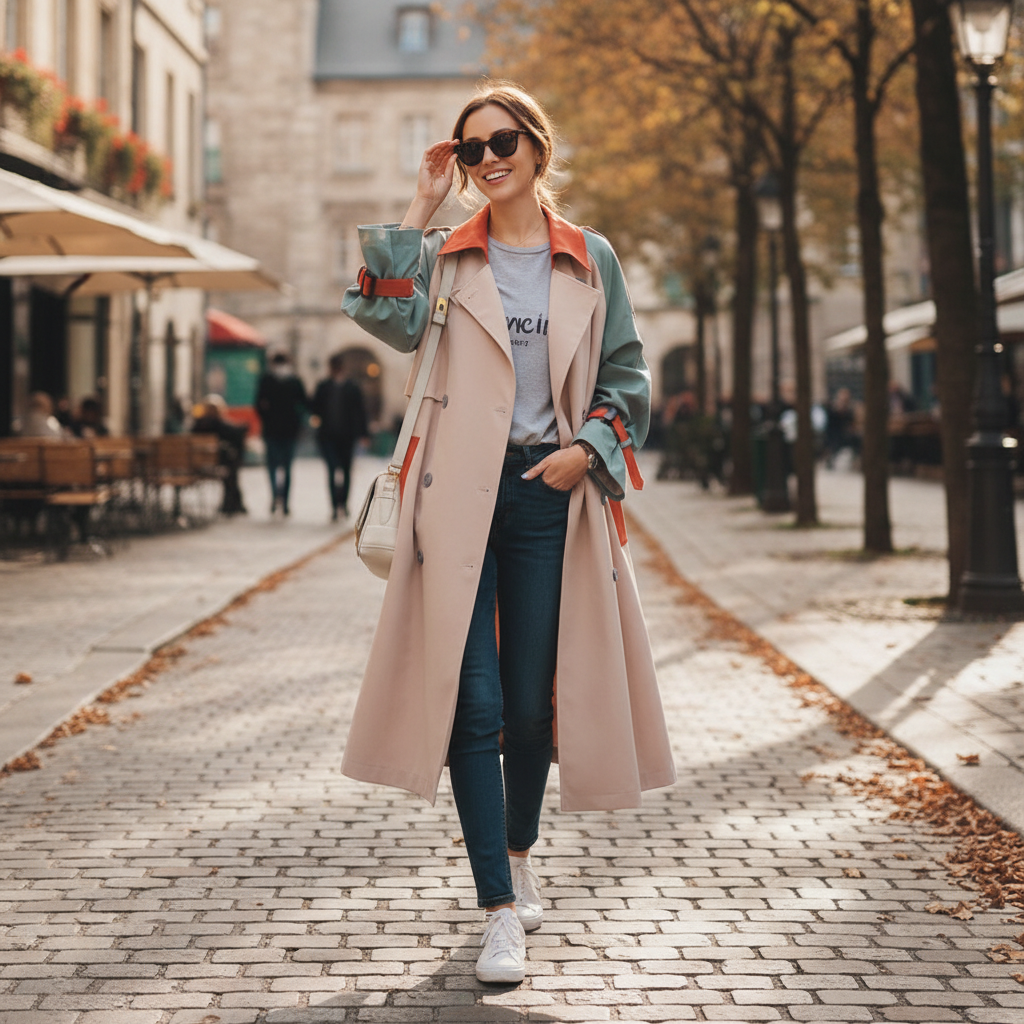 Women's beige colourblock trench coat with blue-grey sleeves and orange contrast panels