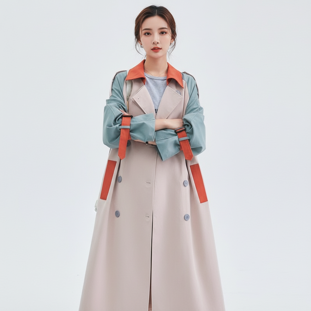 Women's beige colourblock trench coat with blue-grey sleeves and orange contrast panels