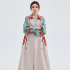 Women's beige colourblock trench coat with blue-grey sleeves and orange contrast panels