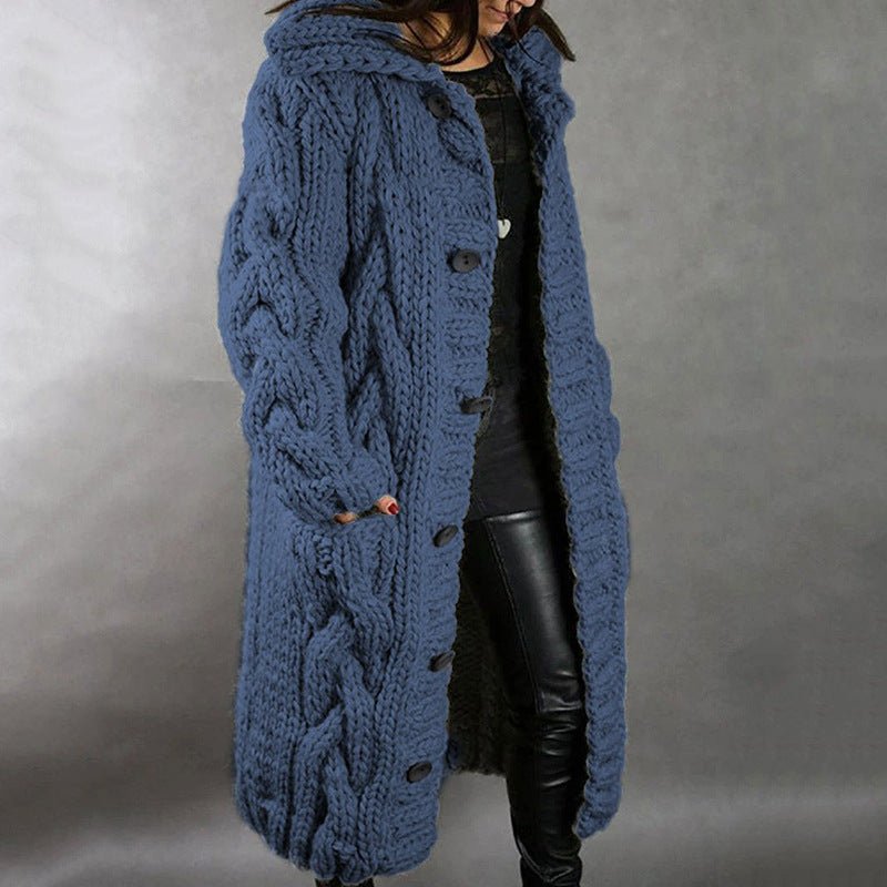 Women's longline hooded cable knit coat with button front