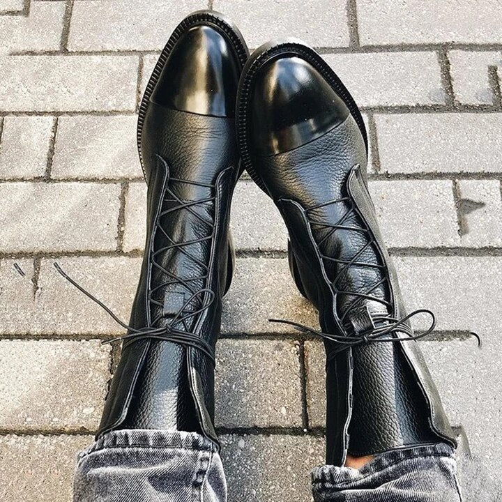 Women's tall lace-up boots with almond toes and contrasting toe caps