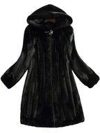 Women's black faux fur hooded coat with long sleeves and flared mid-calf shape